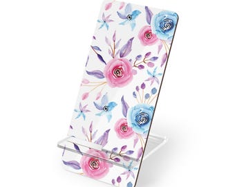 Soporte para teléfono con diseño floral de acuarela / Expositor para móvil en rosa, azul y lavanda