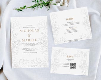Floral Wedding Invitation | Elegant Minimalist Canva Templates (Digital Download)