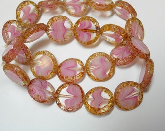 10 16mm Czech Glass Pink Blend Picasso Table cut Coin Beads