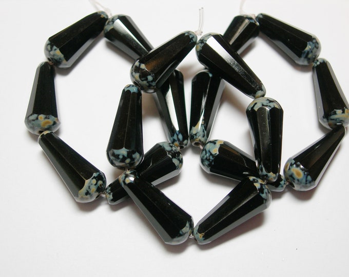 6 Black Travertine Czech Glass Faceted Teardrop Beads 19x8mm
