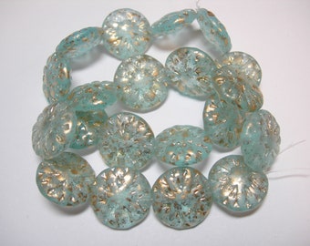 10 beads Cornflower Blue with Gold Czech Glass Flower Beads 14mm