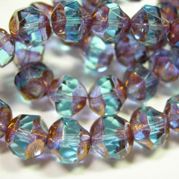 15 8mm Sapphire Blue with Gold faceted Firepolished Thru Cuts Czech Glass Beads