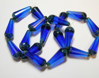 6 Cobalt Blue Travertine Czech Glass Faceted Teardrop Beads 19x8mm