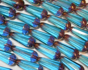 8 Aqua Blue with Bronze Czech Glass Faceted Teardrop Beads 20x9mm