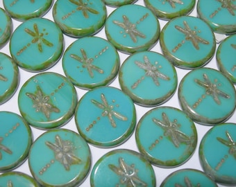 8 17mm Czech Glass Turquoise Picasso finish Dragonfly Coin Beads