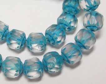 15 8mm Matte Crystal Turquoise wash Cathedral Czech Glass Beads