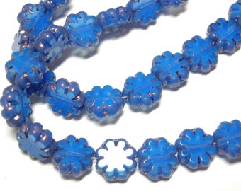 25 beads -Cornflower Blue Opal with Bronze Czech Glass Cactus Flower Beads 9mm