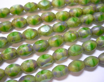 18 beads -  Czech Glass Green Silk Picasso Oval Tri Cut Beads 18x6mm