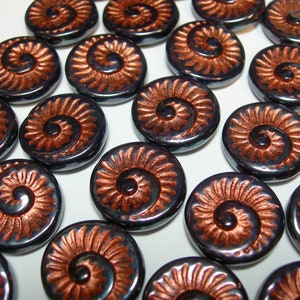 6 - 18mm  Black with Copper Fossil Snail Shell Swirl Spiral Coin Czech Glass Beads