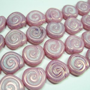 16 - 12mm Purple Lilac Bronze Luster Snail Shell Swirl Spiral Coin Czech Glass Beads