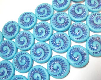 6 - 18mm Matte Baby Blue with Blurple Fossil Snail Shell Swirl Spiral Coin Czech Glass Beads