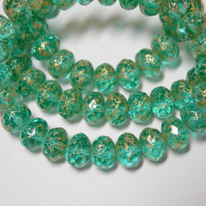25 beads - 8x6mm Teal with Gold Wash Czech Fire polished Rondelle beads