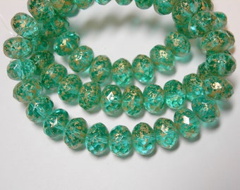 25 beads - 8x6mm Teal with Gold Wash Czech Fire polished Rondelle beads