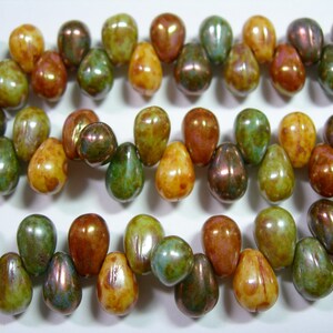 40 beads -  Rainbow Picasso Czech Glass Teardrop Beads 9x6mm