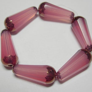 6 Pink Opal w/ Bronze Czech Glass Faceted Teardrop Beads 19x8mm