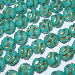 15 9mm Turquoise Gold Twisted Round Love Knot Czech Glass Beads
