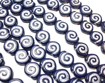 12 - 12mm Matte Navy Blue with Silver Snail Shell Swirl Spiral Coin Czech Glass Beads