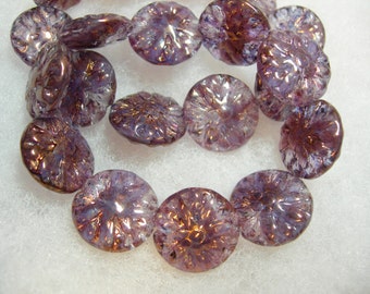 10 beads -  Czech Glass Lavender Purple Bronze Dahlia Flower Beads 14mm