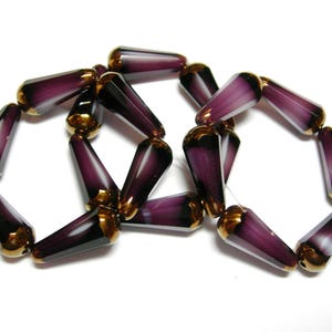6 cuentas facetadas de vidrio checo en forma de lágrima, mezcla de púrpura y blanco con bronce, 19 x 8 mm