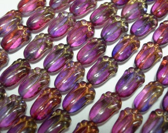 12 beads - Pink Purple with Metallic finish Czech Glass Flower Tulip Beads 10x7mm