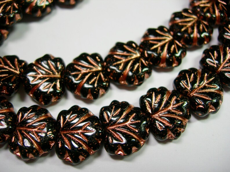 10 beads Black with Copper Czech Glass Maple Leaf Beads 11x12mm image 2