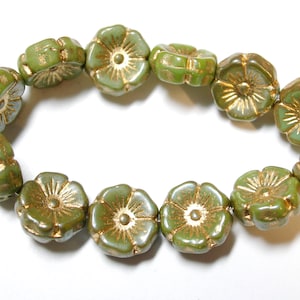 12 beads - Sage Green with Gold wash Czech Glass Flower Beads 12mm