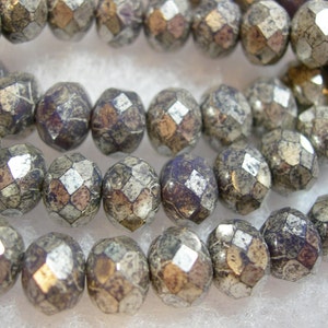 25 beads - 8x6mm Purple Silver Wash Czech Fire polished Rondelle beads