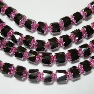 25 6mm Black with Pink Firepolished Cathedral Czech Glass Beads