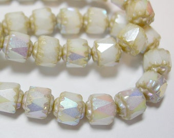 20 6mm Antique White Ivory AB with Gold Cathedral Czech Glass Beads