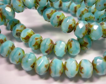 25 8x6mm Baby Blue Picasso Czech glass Rondelle beads