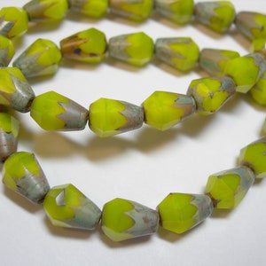 15 Chartreuse Picasso Czech Glass Faceted Teardrop Beads 8x5mm