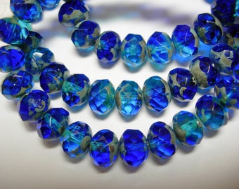 25 8x6mm Cobalt Blue and Capri Blue Blend Czech Fire polished Picasso Rondelle beads