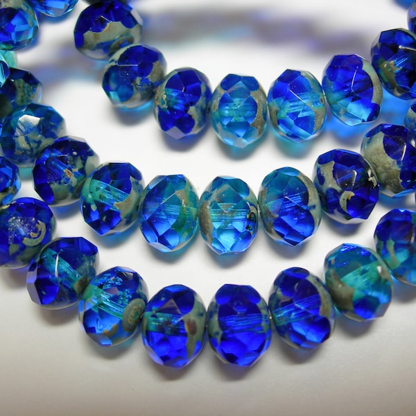 25 8x6mm Cobalt Blue and Capri Blue Blend Czech Fire polished Picasso Rondelle beads