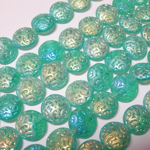 16 Lovely Czech Glass Puffy Coin Beads 14mm Emerald AB