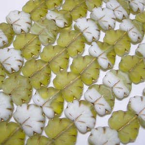 12 beads - Matte Green White Blend with Gold Czech Glass Maple Leaf Beads 11x12mm