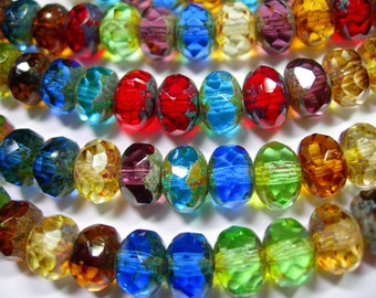 25 9x6mm Mixed Jewel Tone Picasso Czech glass Rondelle beads