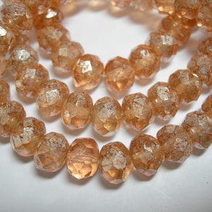 25 beads - 8x6mm Peach Silver Mercury Wash Czech Fire polished Rondelle beads