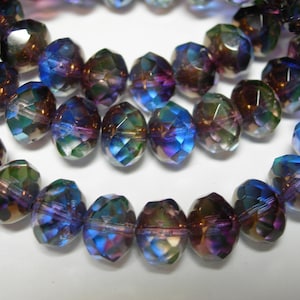 25 beads - 8x6mm STUNNING mix - Capri Blue Purple Bronze Czech Fire polished Rondelle beads