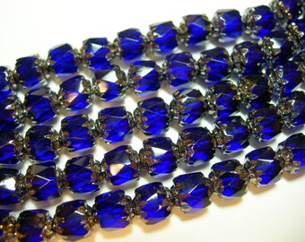 25 6mm Cobalt Blue with Silver ends Firepolished Cathedral Czech Glass Beads