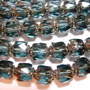 25 6mm Montana Blue with Silver ends Firepolished Cathedral Czech Glass Beads