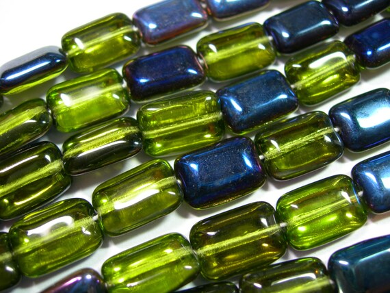 15 Cobalt Blue Picasso Czech Glass Grooved Rectangle beads 8x12mm