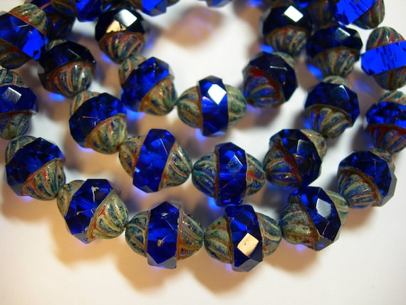 1 10x8mm Czech Glass Faceted Emerald Green Travertine Turbine Beads
