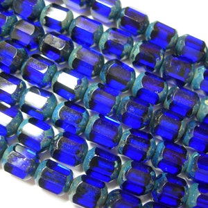 25 8mm Czech Glass Faceted Tube Dark Cobalt Blue Travertine beads