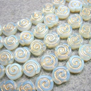 19 - 10mm White Opal with Gold Snail Shell Swirl Spiral Coin Czech Glass Beads