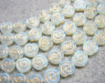 19 - 10mm White Opal with Gold Snail Shell Swirl Spiral Coin Czech Glass Beads