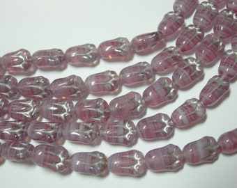 19 beads - Purple Blend with Silver Czech Glass Flower Tulip Beads 10x7mm