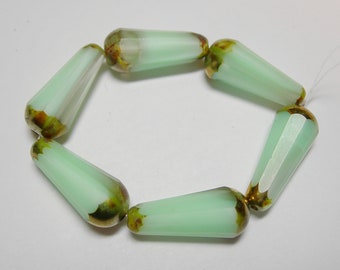 6 Mint Green White Blend w/ Bronze Picasso Czech Glass Faceted Teardrop Beads 19x8mm