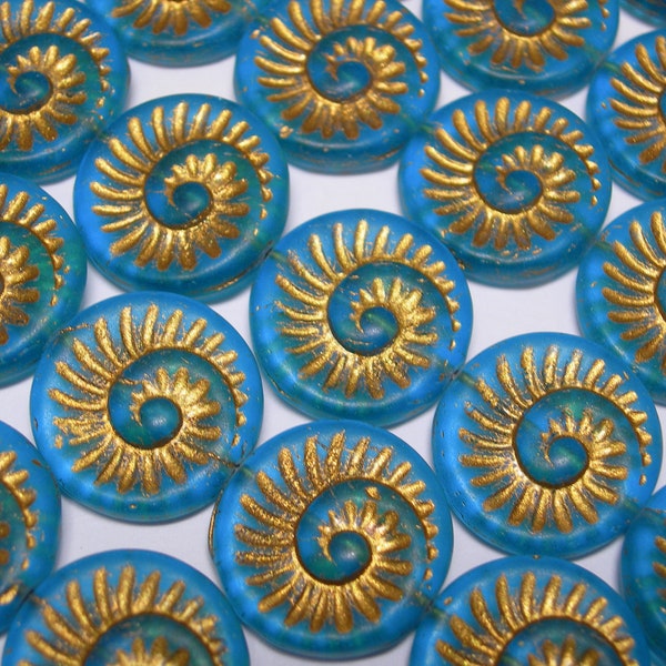 6 - 18mm Matte Blue with Gold Fossil Snail Shell Swirl Spiral Coin Czech Glass Beads