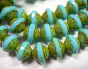 25 7mm Czech Glass Baby Blue Picasso Faceted Saturn Saucer Beads