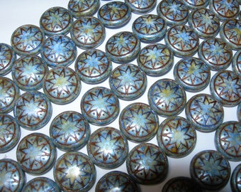 12 - 14mm Star of Ishtar Coin Czech Glass Beads Slate Blue with Metallic Bronze